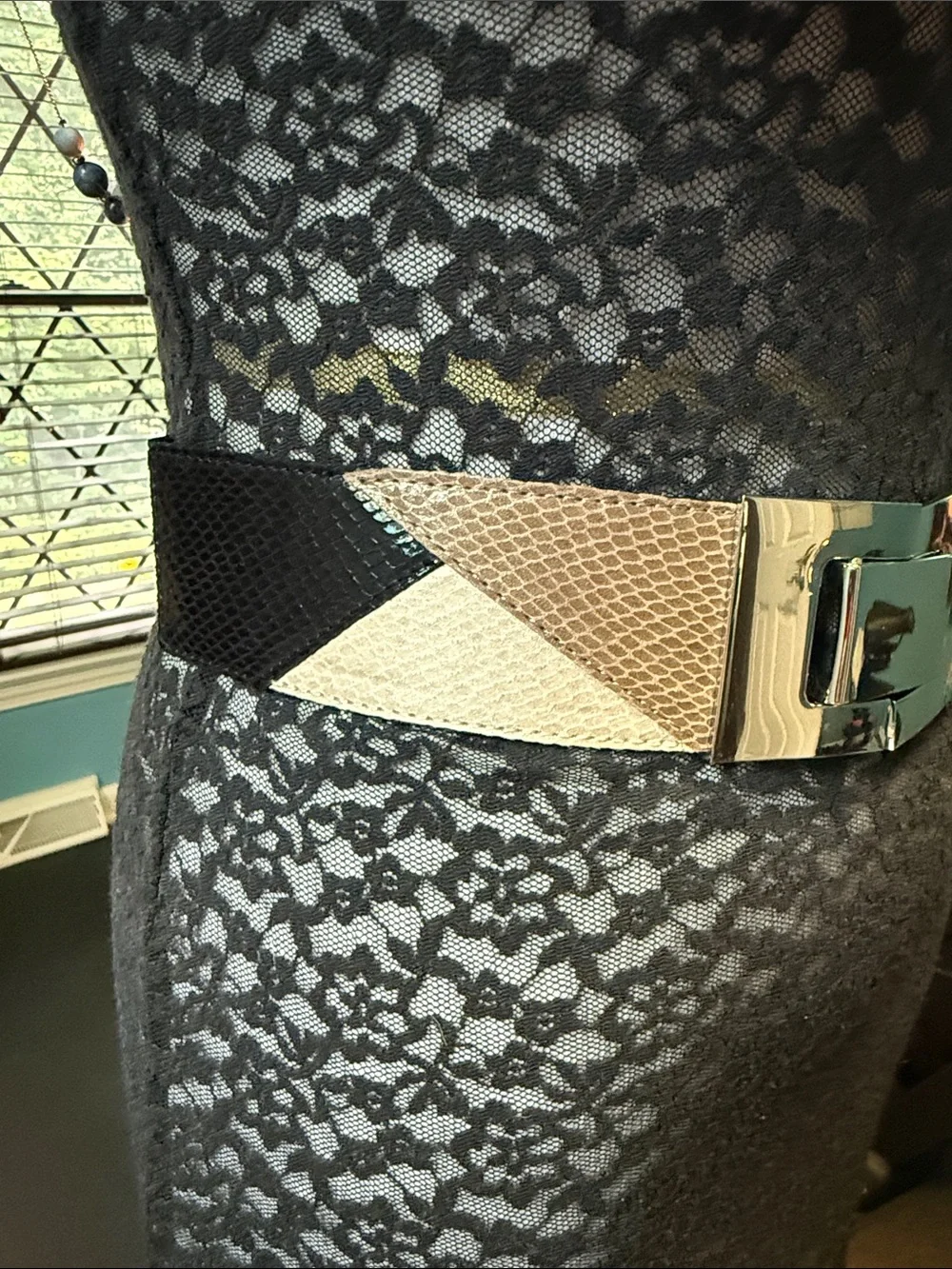 Women's Metallic Snakeskin Elastic Belt with Silver Buckle